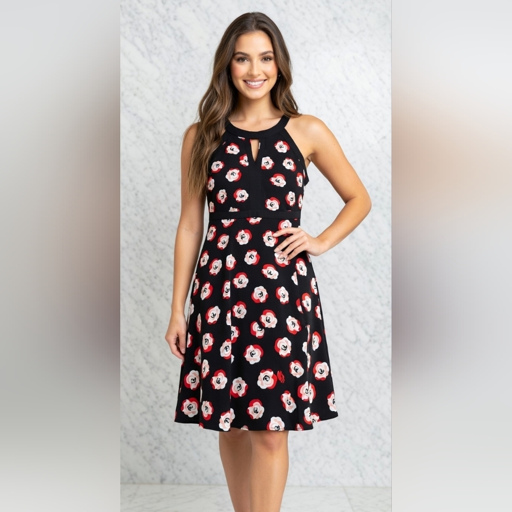 ELLE Brand Black with Red/Pink Floral Knee Length